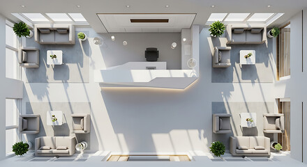 Aerial view of a modern lobby with white furniture and plants under a skylight with sunlight streaming in