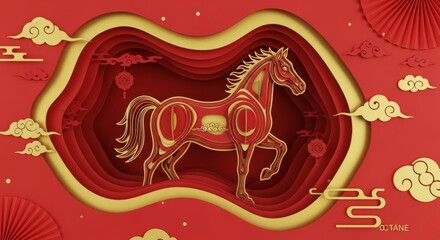 Year of the Horse Paper-cut Style Chinese New Year Illustration