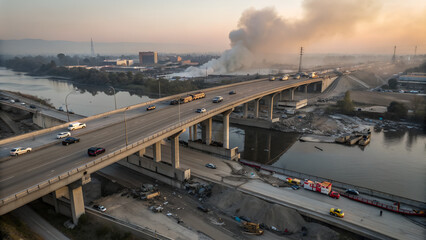 Highway bridge under construction over river with thick smoke rising from industrial area in background during golden hour &mdash; symbol of urban growth, traffic, pollution and city infrastructure