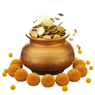 Dhanteras puja with gold coins, diyas, and marigold flowers