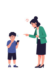 Fototapeta premium Angry mother scolds crying child for phone use, depicting parenting challenges and digital discipline