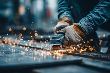 A skilled worker grinds metal with an angle grinder, creating a shower of bright, hot sparks in a workshop setting, wearing protective gloves and denim jacket.