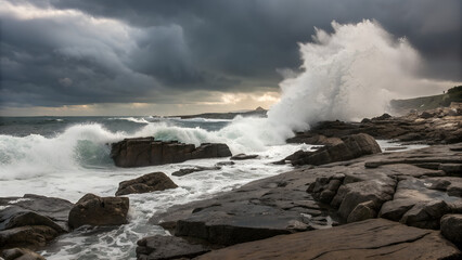 Massive ocean waves crashing against rocky coastal cliffs under a dramatic cloudy sky during stormy weather perfect for climate change visuals, natural disaster concepts and sea energy themes