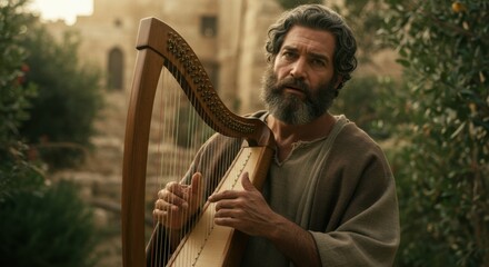 A bearded man, King David, plays the lyre. Biblical shepherd boy with harp for religious stories and historical content.