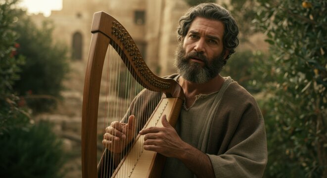 A bearded man, King David, plays the lyre. Biblical shepherd boy with harp for religious stories and historical content.