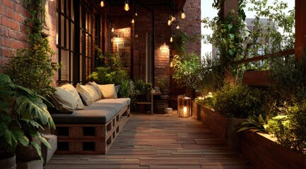 Obraz premium Urban balcony at dusk, filled with plants and light