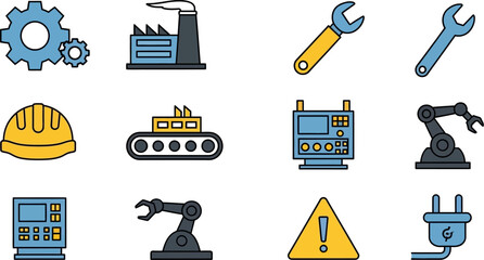 Collection of industrial and mechanical icons representing factory production and engineering concepts