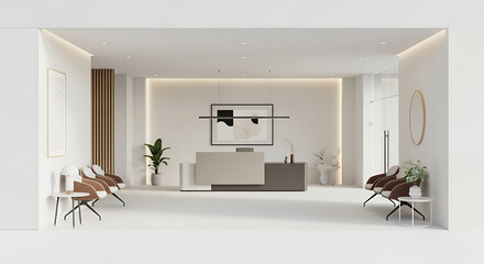 A modern waiting area with chairs, reception desk, artwork and plants in a bright and minimalist space
