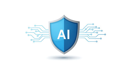 A blue shield with ai text and circuit board design on a white background for artificial intelligence