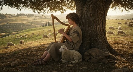 Boy shepherd David playing harp under tree in field. Biblical prophet or king during youth. Historical religious concept.