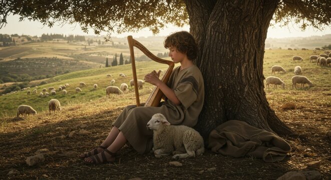 Boy shepherd David playing harp under tree in field. Biblical prophet or king during youth. Historical religious concept.