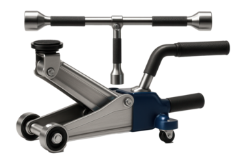 Heavy-duty tool set with a hydraulic jack and lug wrench for tire changes in an auto shop.