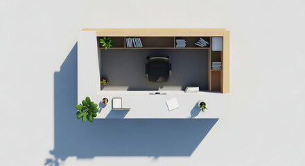 Aerial view of a modern office setup with desk, chair, shelving, and plants in a bright space