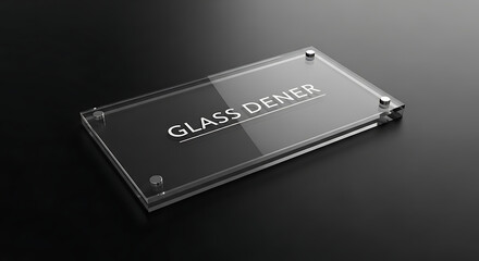 A rectangular glass sign with the words glass dener on a dark surface with silver accents