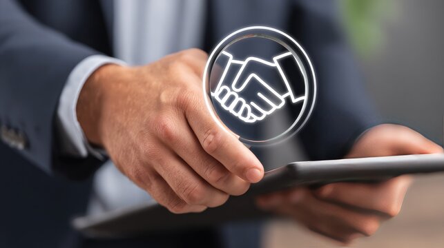 Business hands holding tablet, virtual handshake graphic