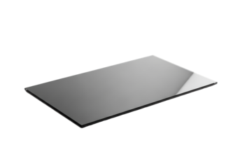 Ultra-thin frameless charcoal grey glass writing board, highly reflective on transparent high-key studio background with copy space, modern professional product concept