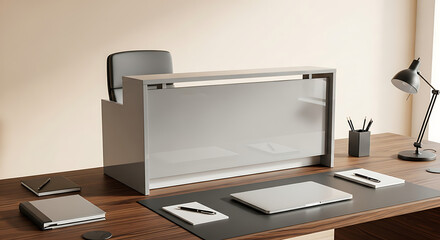 A modern office setup featuring a sleek desk, chair, lamp, and various office supplies on a wooden surface