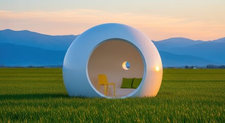 Futuristic Pod in Field at Sunset - Minimalist Architecture