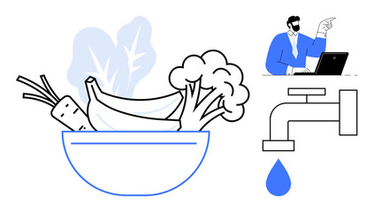 Bowl containing fruits and vegetables next to water tap and man guiding hygiene practices. Ideal for health, nutrition, cleanliness, cooking, awareness, sanitation, education. Simple flat metaphor