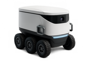 Autonomous delivery robot moving on transparent background