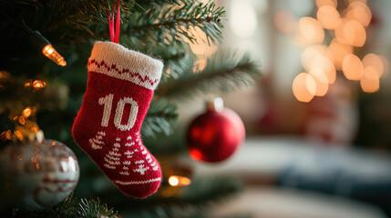 A crocheted Christmas-themed advent calendar with the word "10" hanging on a decorated Christmas tree,