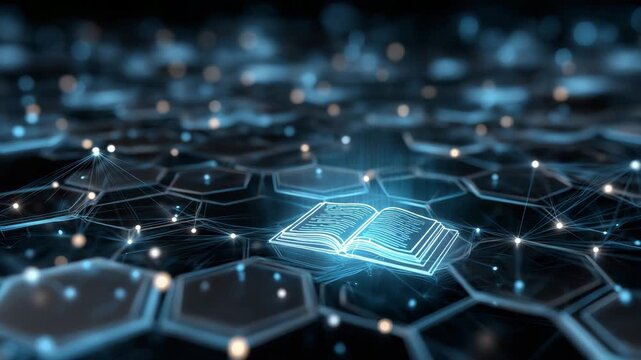 A computer chip is shown on a hexagonal grid. The chip is blue and has a white border. Blockchain network pattern overlaid with glowing blue law book icon,crypto law sci-tech corporate concept