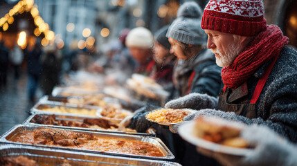 Outdoor Christmas kitchen for homeless people, hot meals being served, warm light and festive details,
