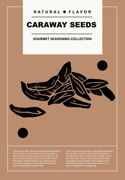 Caraway seeds. Set of posters of spices and herbs in a abstract draw design. Label or poster for food preparing and culinary. Simple, flat design. For poster, cover, banner.