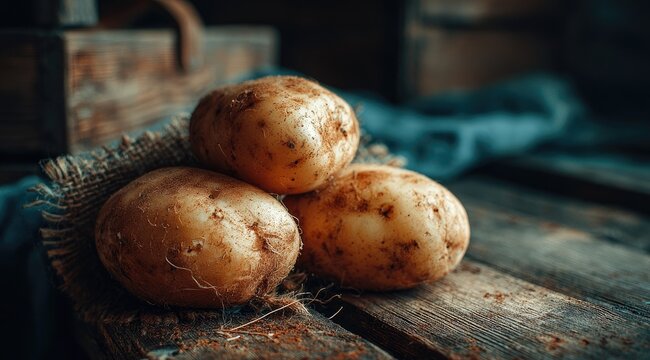 Rustic potatoes on wooden planks