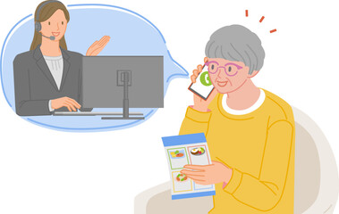 ミールキットの宅配サービスのコールセンターにスマホで電話する笑顔のシニア女性