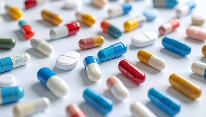 Colorful pharmaceutical pills and capsules spread across a pristine surface, representing diverse medical treatments, health management, and the intricate science of modern medicine
