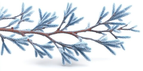 Fototapeta premium Frosted pine branches isolated on a pristine white background, serene winter scene