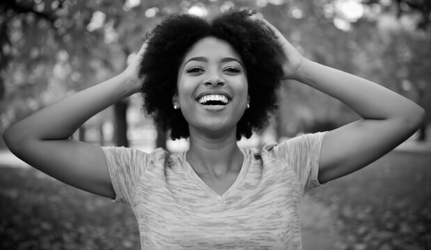 Young woman holding her afro hair and laughing in autumn park - Powered by Adobe
