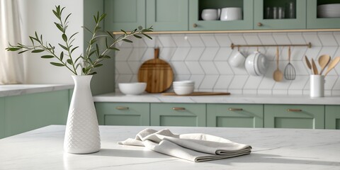 Minimalist Kitchen Interior: Light Green Cabinets, Marble Countertop, and Ceramic Decor in Soft Palette