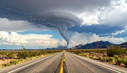 A powerful tornado descends from dark storm clouds over a straight desert highway, threatening the landscape.