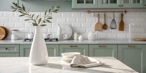 Minimalist Kitchen Interior: Light Green Cabinets, Marble Countertop, and Ceramic Decor in Soft Palette