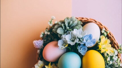 Obraz premium Colorful dyed eggs in a woven basket surrounded by fresh flowers against a soft peach to purple gradient background,