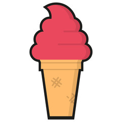 Flat ice cream cone with red strawberry soft serve outline style