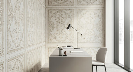 Minimalist office space featuring ornate wall panels desk lamp and chair near a bright window area