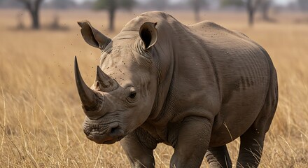 Obraz premium A large rhinoceros walks through a dry grassy field with trees in the background