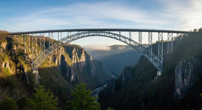 Arch bridge spans a deep gorge with trees, rocks, and river under partly cloudy blue sky at daytime
