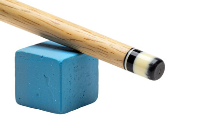 A pool cue tip with a block of blue chalk, essential accessories for precision shots in billiards and snooker games. Transparent Background, Cutout
