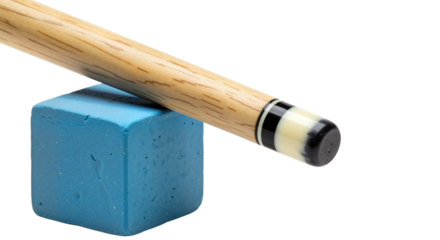 A pool cue tip with a block of blue chalk, essential accessories for precision shots in billiards and snooker games. Transparent Background, Cutout