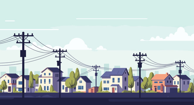 A charming suburban neighborhood with houses trees and electrical poles under a vast blue sky with scattered clouds
