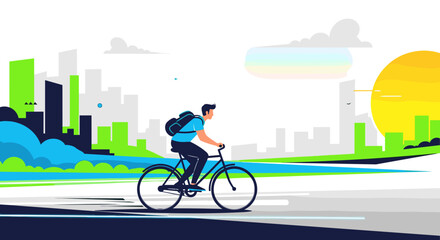 Fototapeta premium Urban cyclist riding a bicycle through a city with green skyscrapers and a bright sun setting