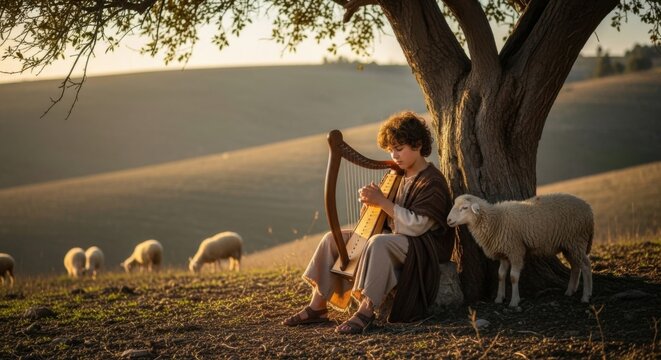 Boy playing harp under tree in field. Biblical shepherd David playing lyre. Religious, music, harmony concept.