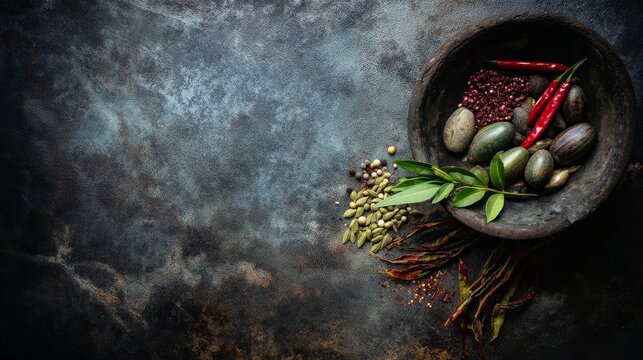 A wooden bowl filled with colorful spices and herbs sits on a dark rustic surface, featuring cumin seeds, chili peppers,