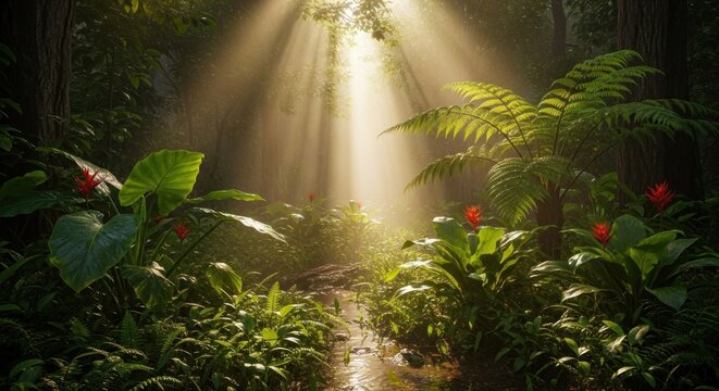 Sunlight streams into a vibrant forest, illuminating a path amidst lush foliage and splashes of red flowers, creating a tranquil scene