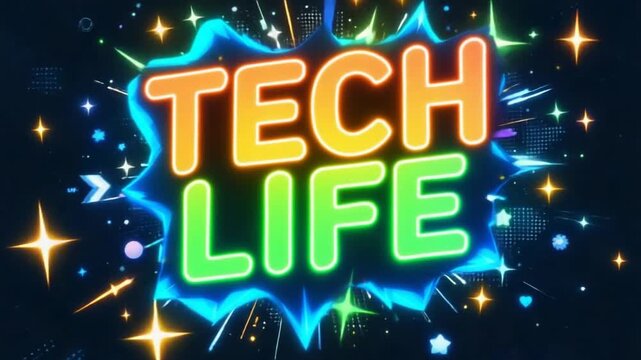 Dynamic "TECH LIFE" neon logo pulsates with vibrant energy and digital stars, perfect for exciting tech-focused video intros and modern content.