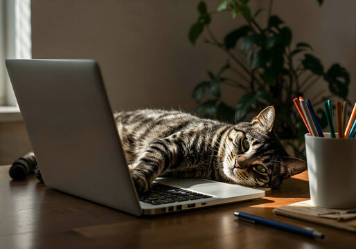 Tabby cat lying on laptop keyboard in home office workspace, funny pet blocking computer while working from home, cozy domestic scene with sunlight and relaxed feline companion on desk
